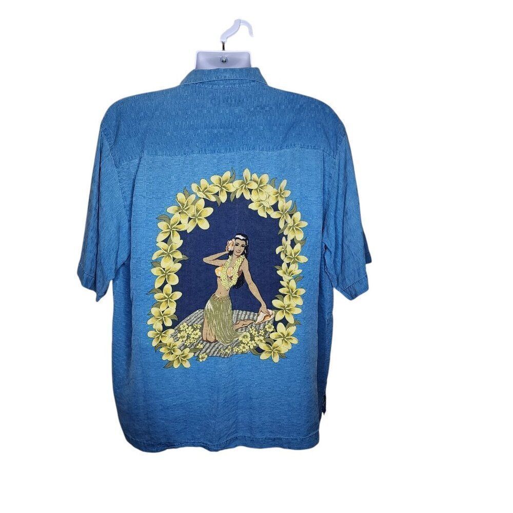 Tommy Bahama Short Sleeve Silk Hawaiian Wahine Hula Girl Shirt Mens Size L Blue